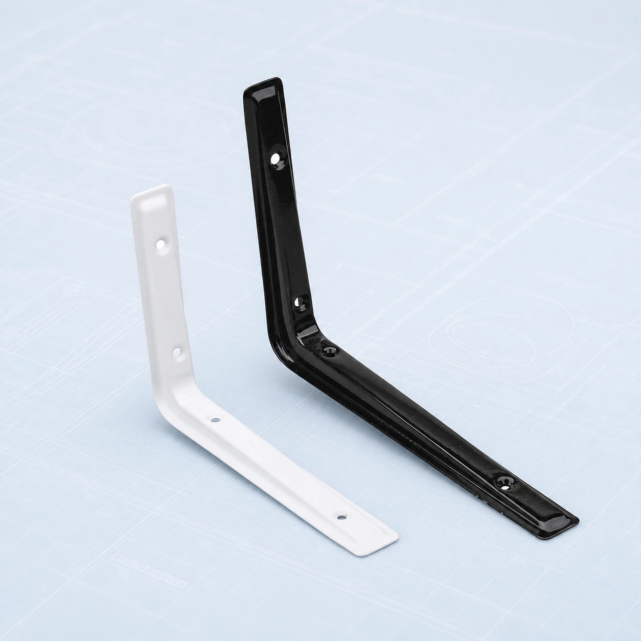 A-frame reinforced metal shelf bracket on a pale ice-blue studio background
