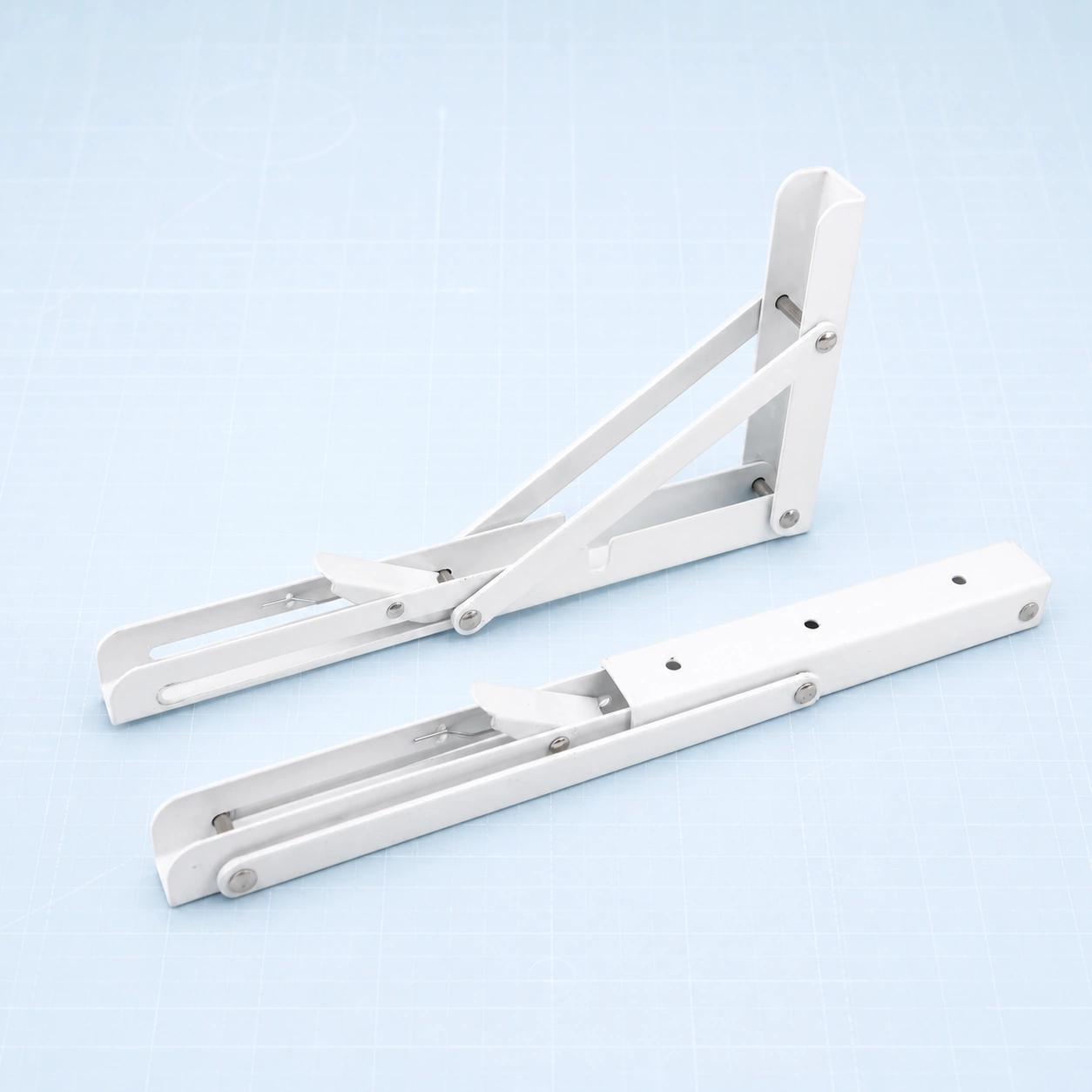 Folding metal shelf bracket mechanism on a pale ice-blue studio background