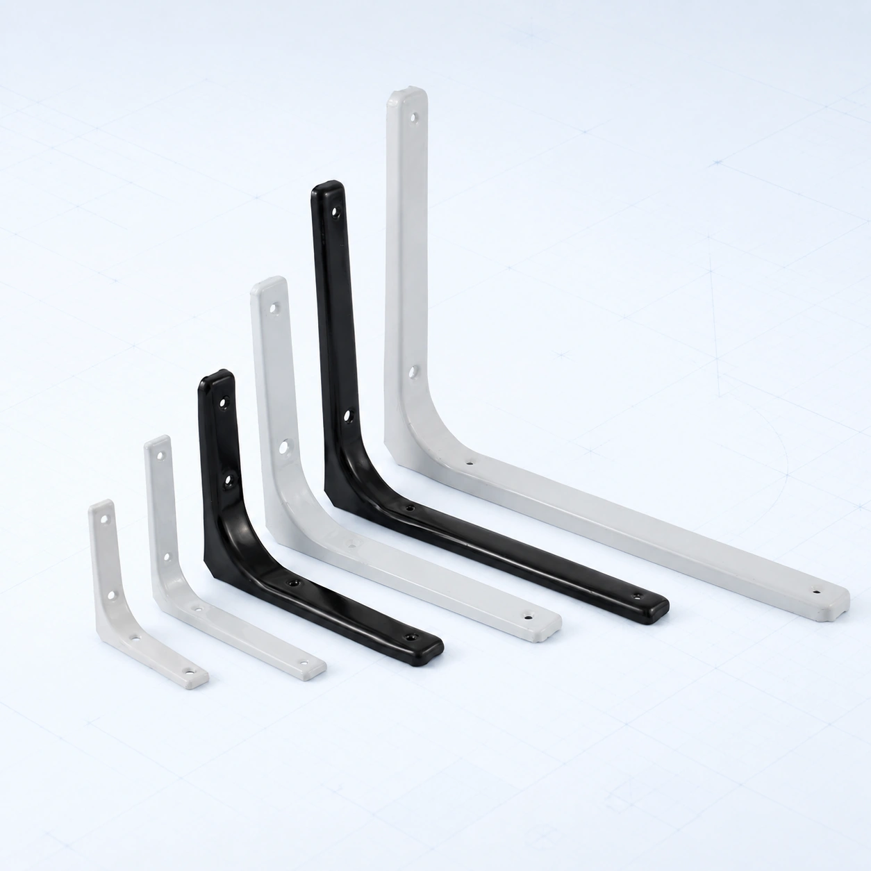 Classic heavy-duty shelf brackets in black and white on a pale blue background