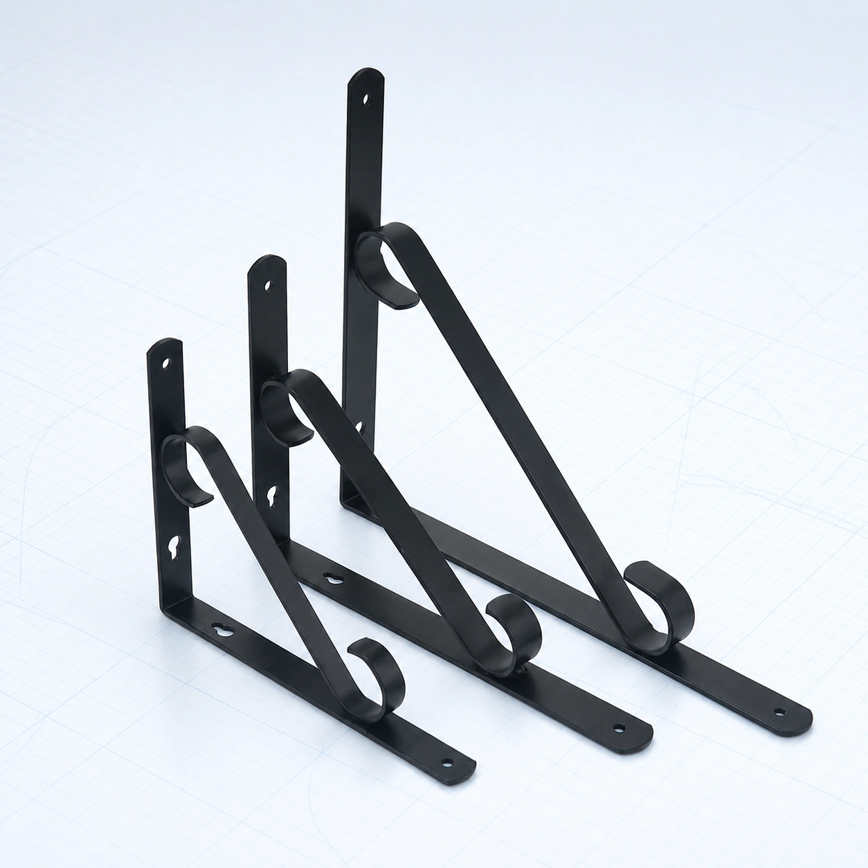 Flat S-shaped decorative shelf bracket on a pale ice-blue studio background