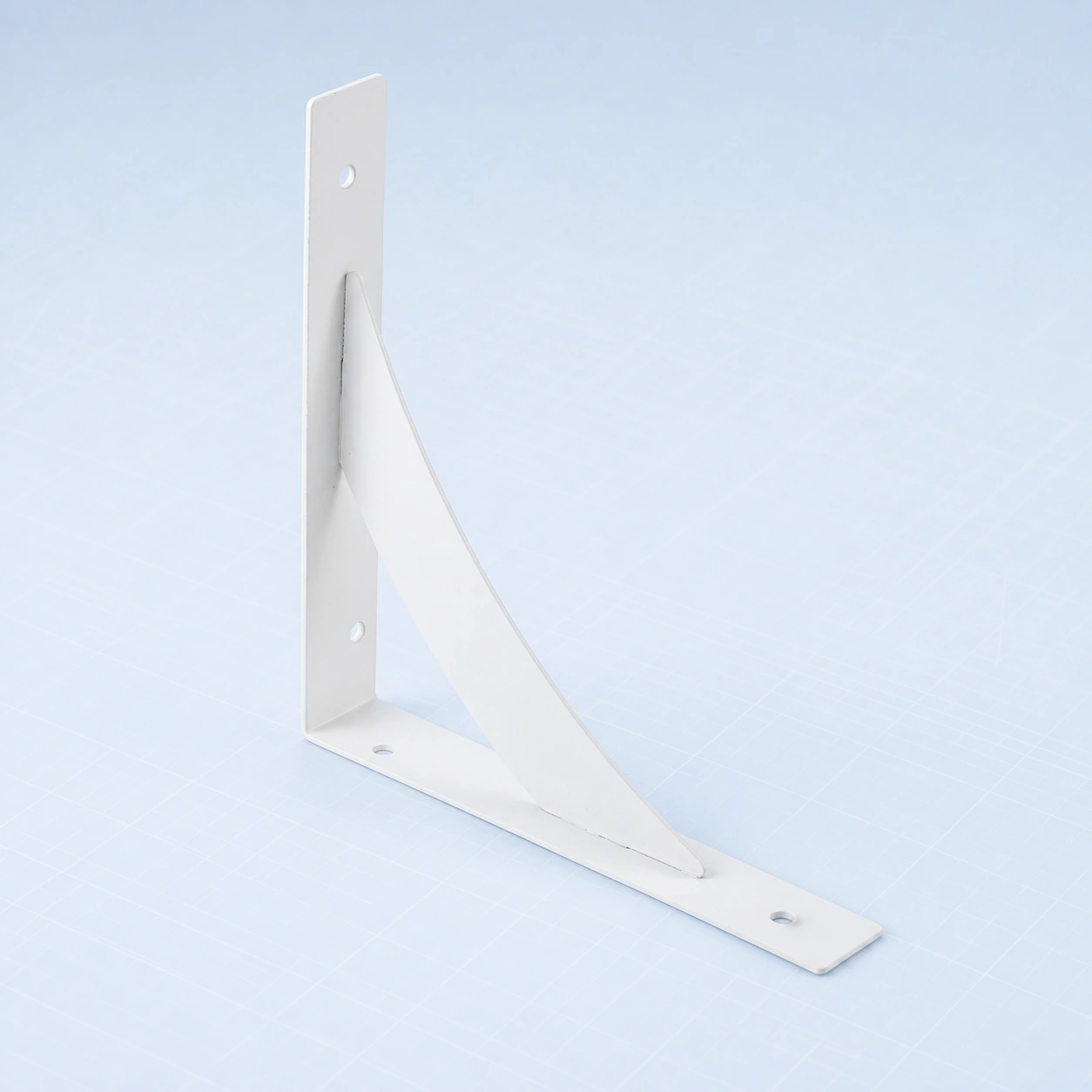 Semicircular heavy-duty metal shelf bracket on a pale ice-blue studio background