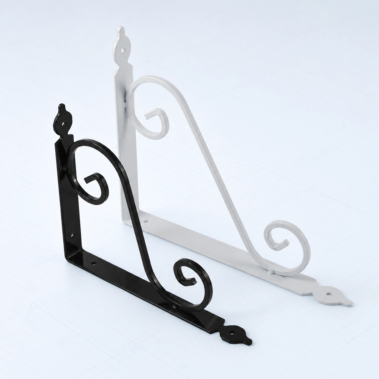 Square-profile S-shaped decorative shelf bracket on a pale ice-blue studio background