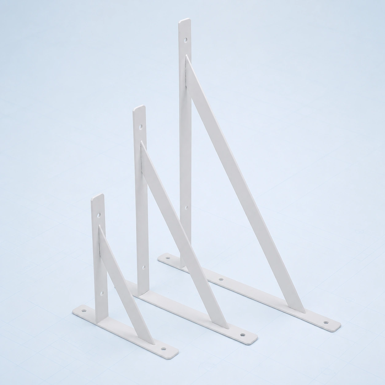 T-shaped metal shelf bracket on a pale ice-blue studio background