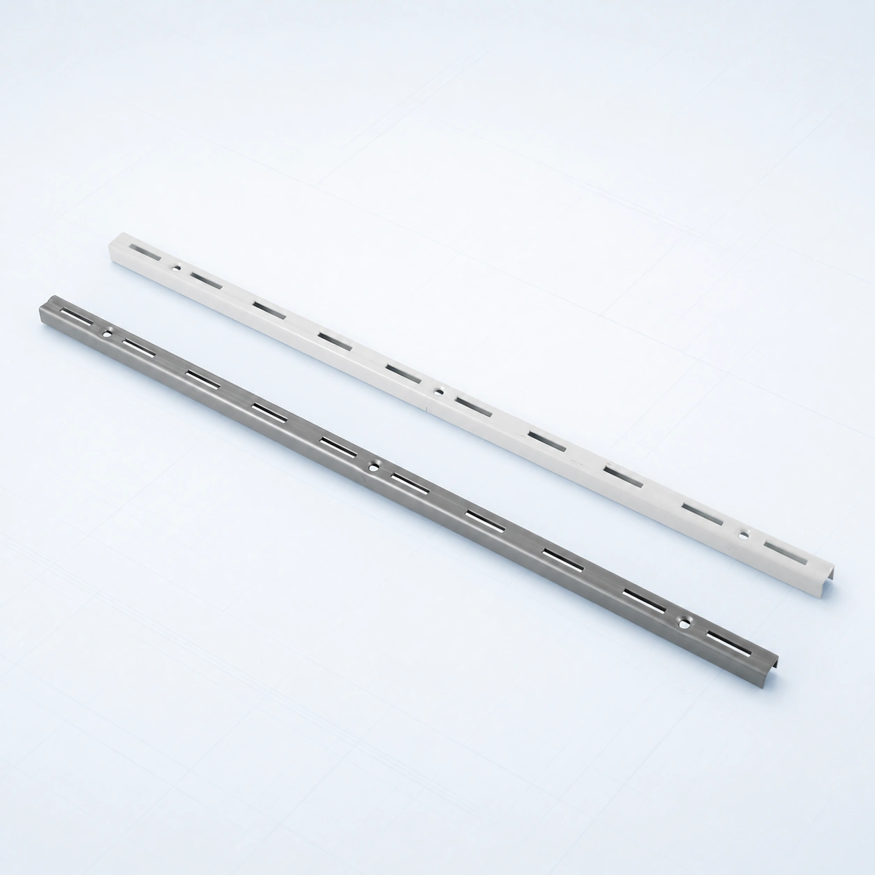 White and silver modular metal wall tracks on a pale ice-blue studio background