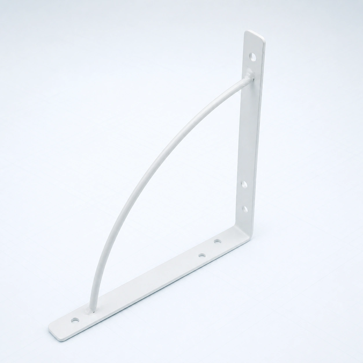 White wire-braced heavy-duty shelf bracket on a pale ice-blue studio background