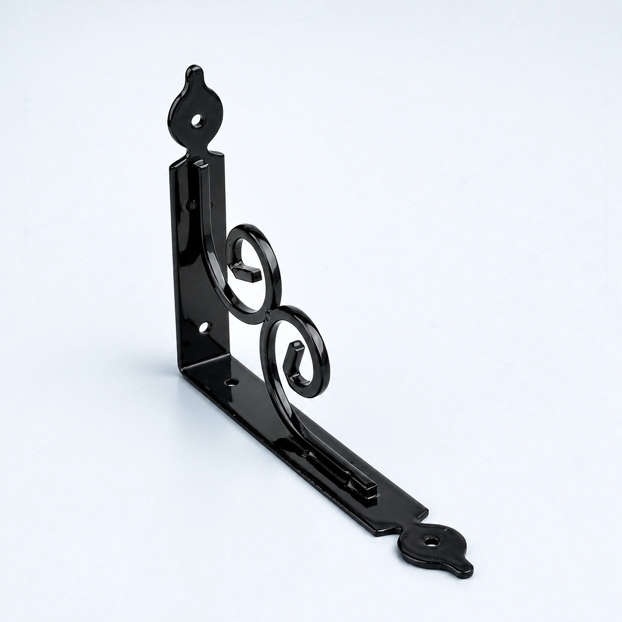 Black decorative scroll shelf bracket on a pale ice-blue studio background