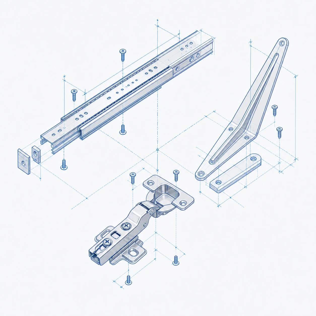 Technical illustration showing drawer slides, a bracket and a hinge for application planning