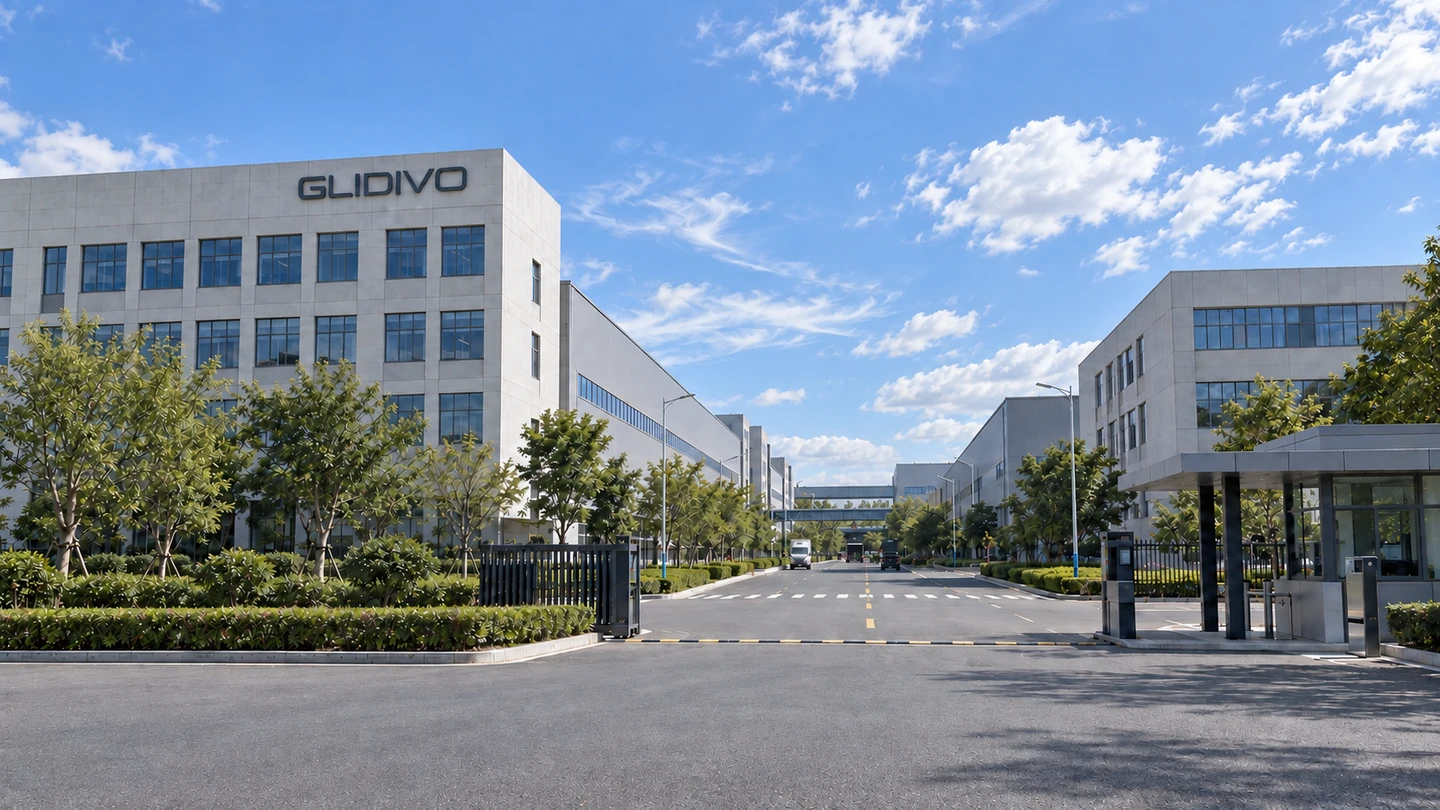 Factory exterior with GLIDIVO lettering on the left building, entrance gates and a central access lane