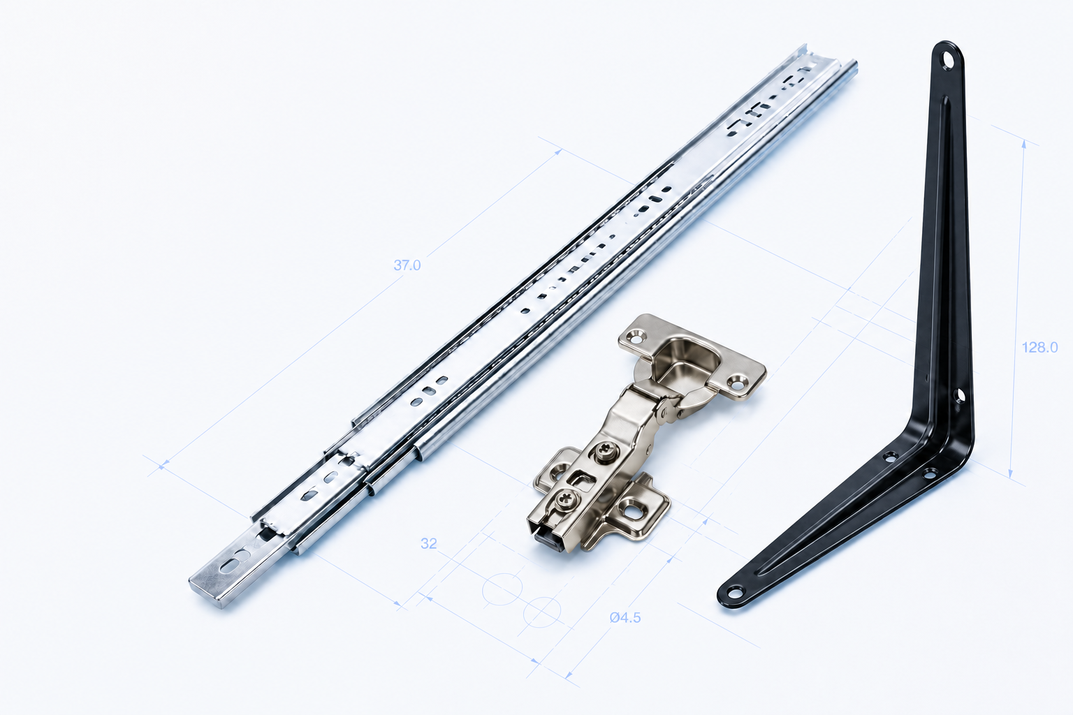GLIDIVO drawer slide, soft-close hinge and upright long-arm shelf bracket arranged over pale blue engineering dimensions