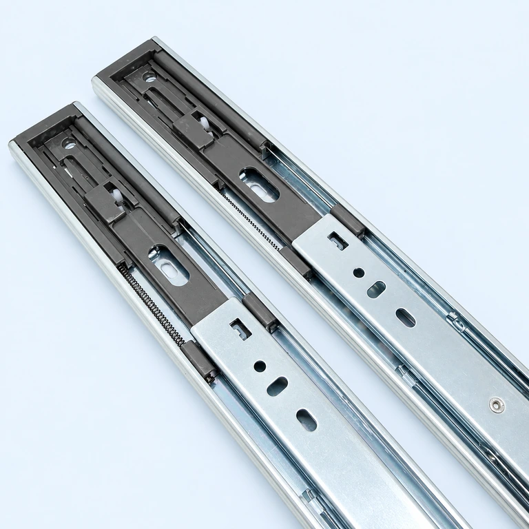 45 mm Soft-Close Ball-Bearing Slide, reconstructed from the supplied product photograph on a pale ice-blue background
