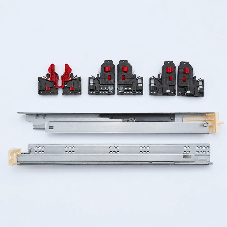 Metal undermount drawer slides with pale plastic end fittings and black and red locking devices on a pale ice-blue background