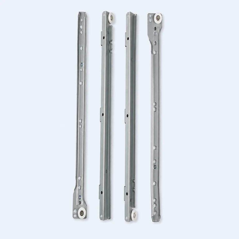 350 mm clamp-on roller drawer runner set on a pale ice-blue GLIDIVO studio background