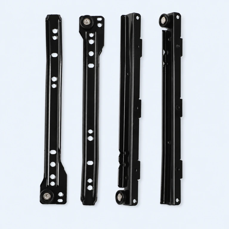 Black roller drawer runner rails on a pale ice-blue background