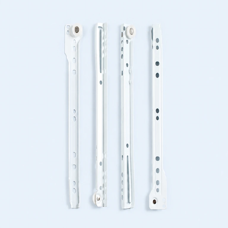 Light-colored roller drawer slide rails on a pale ice-blue background