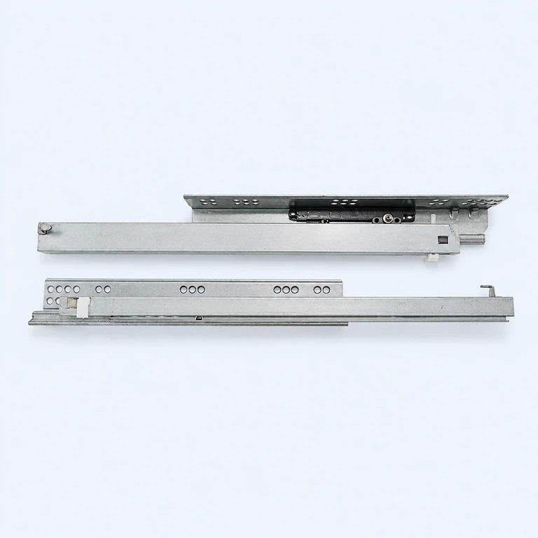 Metal undermount drawer slide rail assemblies on a pale ice-blue background