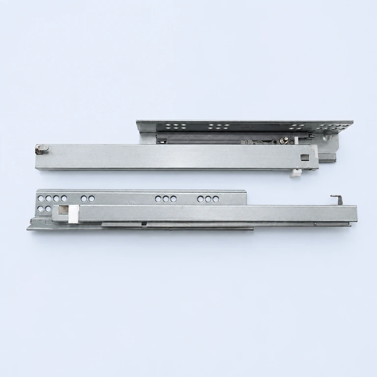 Metal undermount drawer slide rail assemblies on a pale ice-blue background